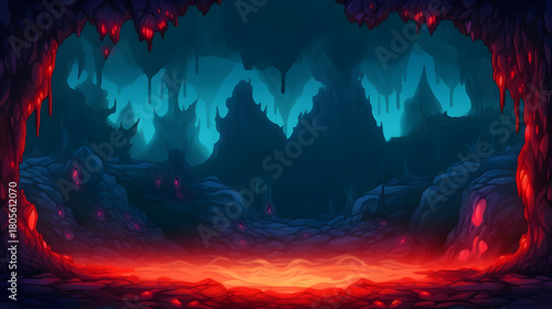 Dark Fantasy Cave with Lava and Pixel Art Style