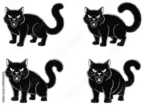 Fearsome feline in Black: A quartet of sinister, obsidian cats, each with an intense, intimidating stare, embodies a sense of mystery and mischief, perfect for Halloween themes.