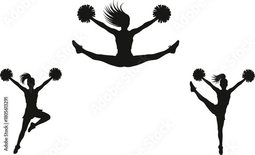Cheerleader silhouettes with pom-poms in dynamic poses, black vector icons for dance, sport, flexibility, performance, athletic movement, energy