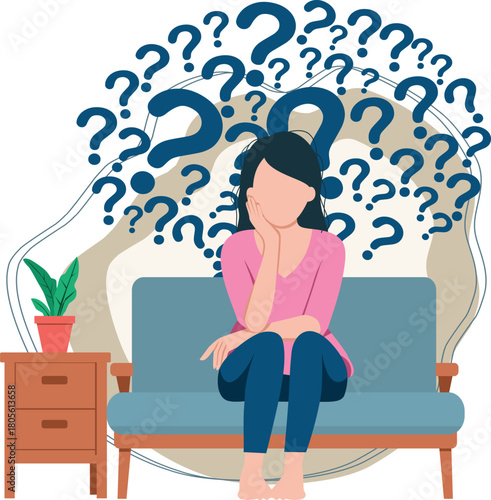 Woman Sitting with Anxiety and Confusion Thought Illustration
