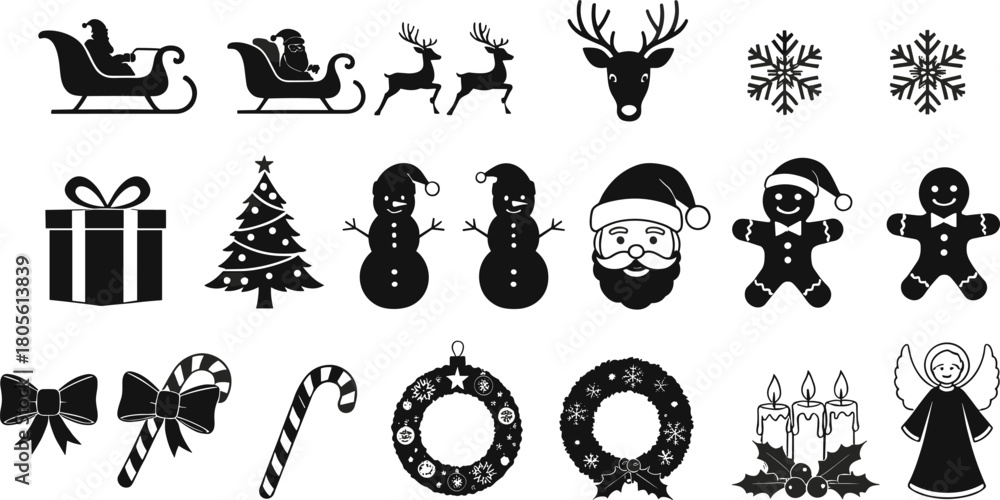 Naklejka premium Christmas holiday icons set, black and white festive symbols including Santa, snowman, tree, gift, wreath, candy cane, angel, snowflake