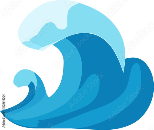 Flat style illustration of an ocean wave with layered blue tones, symbolizing sea, water, surfing, and marine nature. Clean and simple design suitable for icons, logos, or educational materials.