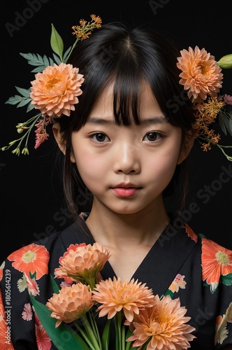 Wallpaper Mural Portrait of Japanese girl plain black background, cute girl holding a bouquet of flowers Torontodigital.ca
