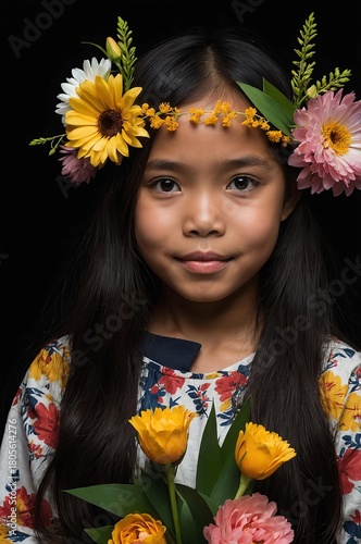 Wallpaper Mural Portrait of Filipino girl plain black background, cute girl holding a bouquet of flowers Torontodigital.ca
