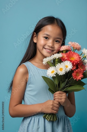 Wallpaper Mural Portrait of Filipino girl plain blue background, cute girl holding a bouquet of flowers Torontodigital.ca