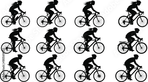 Cyclist silhouettes in side view, male and female riders on various bicycles, black vector icons for posture, motion, bike type diversity