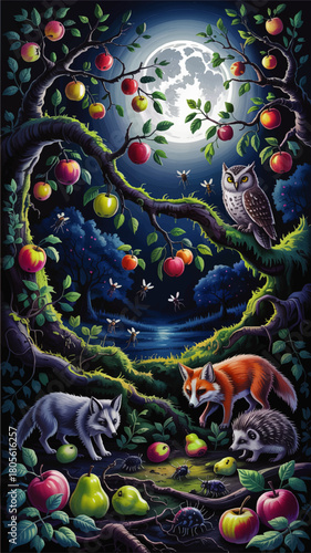 Enchanted night forest with fox, wolf, owl and hedgehog under full moon, fireflies and glowing apple trees, fantasy wildlife illustration