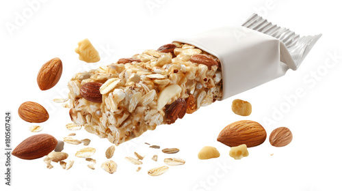 Healthy granola bar with almonds and oats isolated on transparent background