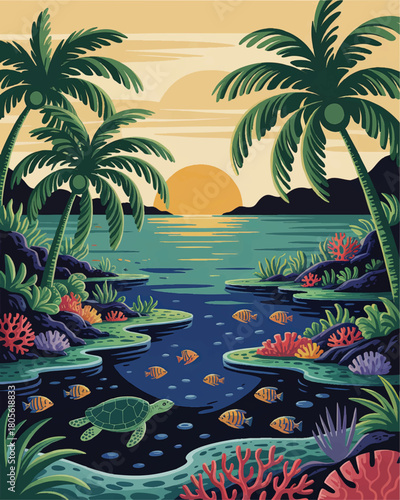 Tropical sunset lagoon with coral reef, sea turtle and colorful fish, exotic palm tree beach seascape vector illustration