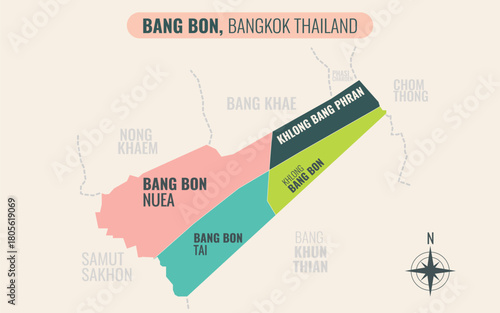Map showing Bang Bon District Bangkok Thailand divided into sub-districts with minimalist colorful patterns