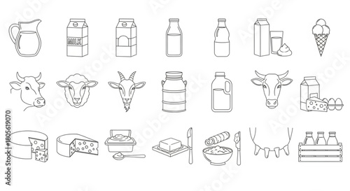 Dairy Farming Icons Set, Milk and Cheese Products, Vector Illustration, Graphic Design, Clean Line Art, Educational Concept