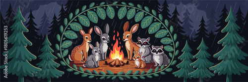 Cute woodland animals around campfire in rainy night forest, cartoon vector illustration for kids book, nursery wall art, banner
