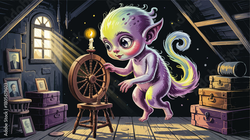 Cute magical creature in moonlit attic exploring spinning wheel, fantasy cartoon illustration for children’s book and storytelling