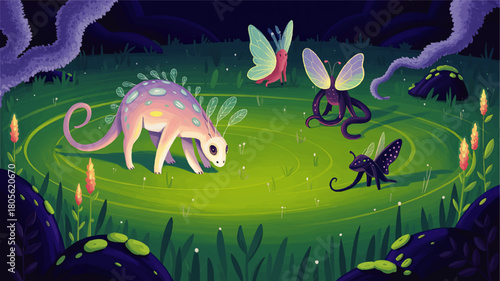 Magical fantasy forest glade with cute pastel dinosaur and glowing fairy insects, whimsical night illustration for kids