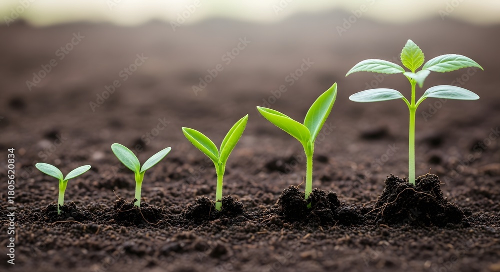Fototapeta premium Life Cycle of Plant: Witness the beautiful life cycle of a plant, from the emergence of tiny sprouts to a blossoming new life, symbolizing growth and the beauty of nature's process.