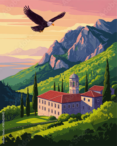 Majestic eagle flying over mountain monastery at sunrise, colorful landscape illustration with hills, forest and pink sky