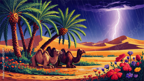 Dramatic desert oasis with camels in rainstorm, lightning over sand dunes, tropical palm trees and wildflowers, vivid cartoon landscape