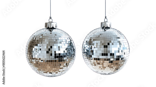 Two silver disco ball ornaments hanging isolated on transparent background