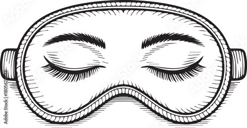 Vintage Style Illustration of Closed Eyes with Eyelashes on a Sleep Mask, Representing Rest and Relaxation