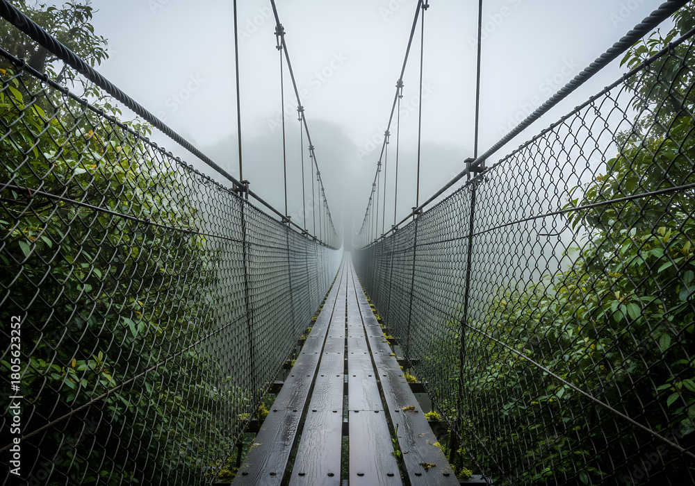 Obraz premium Suspension Bridge Disappearing into Foggy Forest Canopy Walkway.