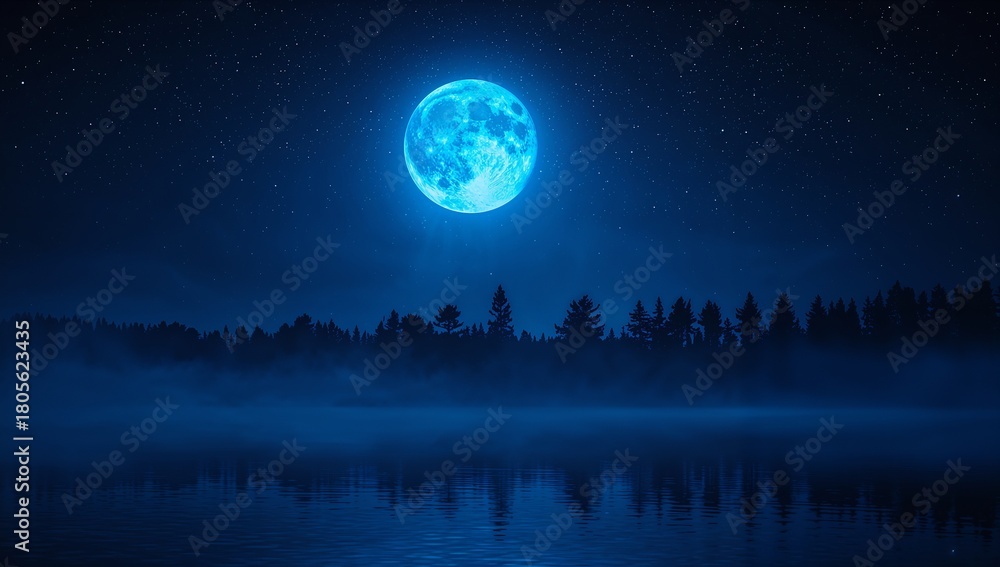 Naklejka premium Glowing blue full moon over mystical forest and calm lake view
