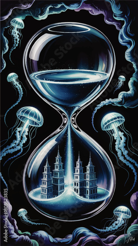 Surreal cosmic hourglass with futuristic city and glowing jellyfish in deep space, fantasy sci fi time concept illustration
