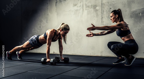 Wallpaper Mural Two athletic women training in a gym, one doing push-ups with dumbbells and the other squatting and encouraging her. Torontodigital.ca