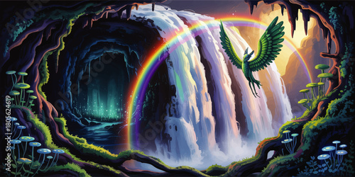 Mystical fantasy cave with glowing waterfall, rainbow and flying green phoenix bird, vibrant magical forest landscape illustration