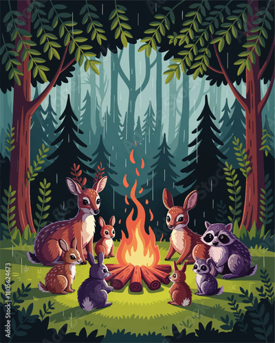 Cute forest animals around campfire in rainy night woodland, cartoon deer rabbits raccoon illustration for kids book and poster