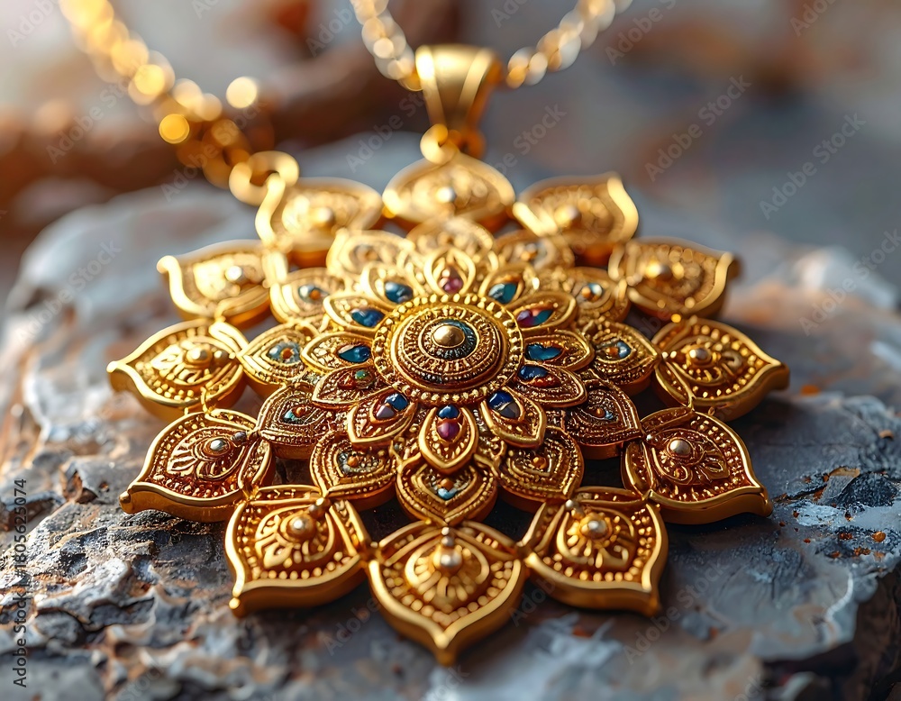 Fototapeta premium Ornate gold pendant with jewels resting on a textured rock