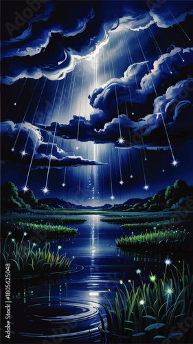 Enchanted night lake with glowing stars and magical clouds, fantasy moonlit landscape illustration in deep blue tones