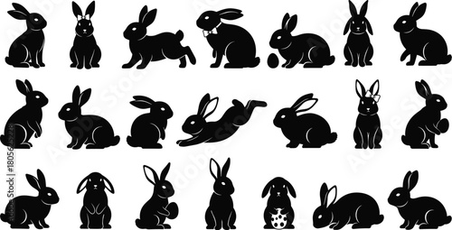 Rabbit silhouette icon set in various poses, black vector illustrations with Easter elements, bow tie, polka dots, bunny styles