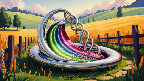 Futuristic DNA Helix Fountain with Rainbow Liquid in Golden Wheat Field, Sci Fi Biotechnology Concept Art Landscape