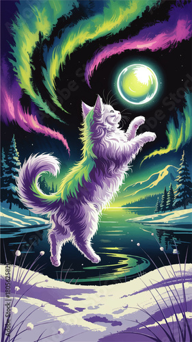 Magical purple cat under northern lights jumping for glowing moon over winter lake, fantasy night landscape illustration