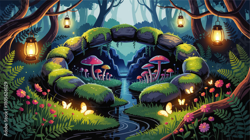 Enchanted fantasy forest with glowing mushrooms, lanterns and butterflies by a magical river, whimsical cartoon woodland illustration
