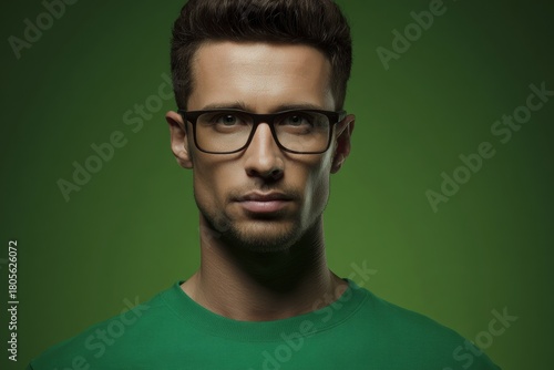 Tranquil style: a gentle blend of green and personality. Product showcase. Stylish brunette against a greenery canvas, glasses accentuated. Studio portrait. High resolution.