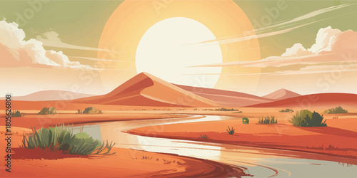 Desert sunset landscape with river oasis, sand dunes and dramatic sun, warm orange and green minimalist nature illustration