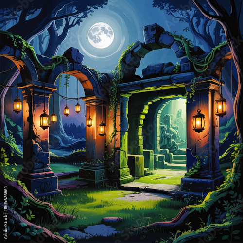 Enchanted moonlit ruins with glowing lanterns in mystical forest, fantasy ancient stone archway and hidden temple illustration