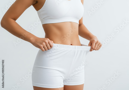 Wallpaper Mural Woman showing weight loss progress with loose white shorts. Torontodigital.ca