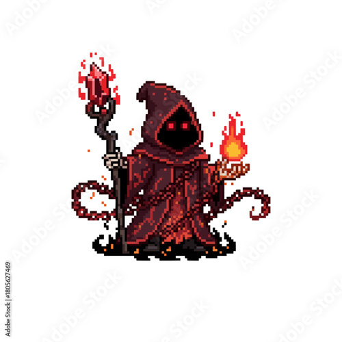 pixel art infernal magus wielding burning demonic chains