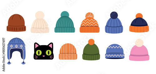 Winter hats vector with wool caps knitted beanies and earflap hats flat illustrations for warm clothing and fashion accessories