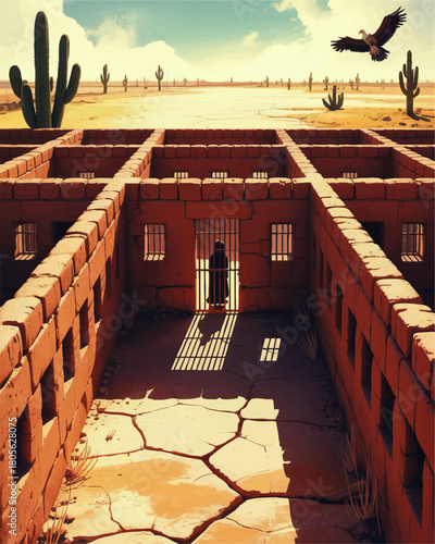 Desert prison labyrinth with lone inmate and soaring eagle in dramatic sunlight, arid canyon landscape, western survival concept art