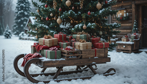Christmas gifts on a wooden sled under a decorated tree in a snowy winter wonderland setting outdoors