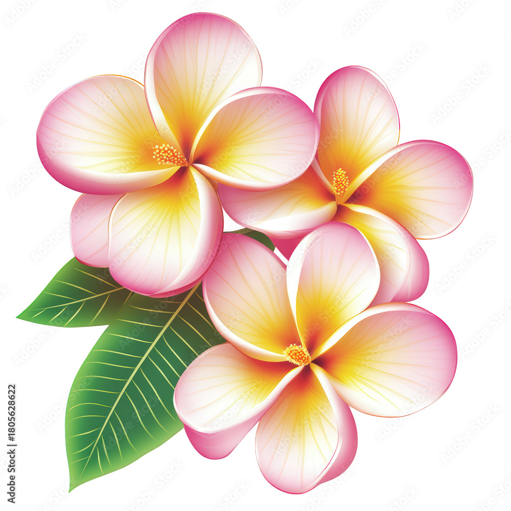 Obraz premium Three plumeria flowers isolated on transparent background, showcasing their delicate pink and yellow petals, creating a visually appealing and tropical arrangement