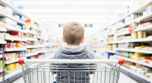 Wallpaper Mural Young child in shopping cart looking down a supermarket aisle filled with products. Torontodigital.ca