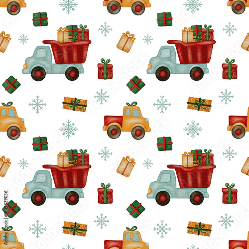 Seamless watercolor hand drawn pattern with illustrations of vehicles for Xmas. Christmas pattern. Pattern for kids wrapping paper. 
