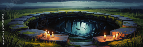 Mystical underground cave entrance with glowing candles and bats at night, fantasy landscape illustration for Halloween or RPG