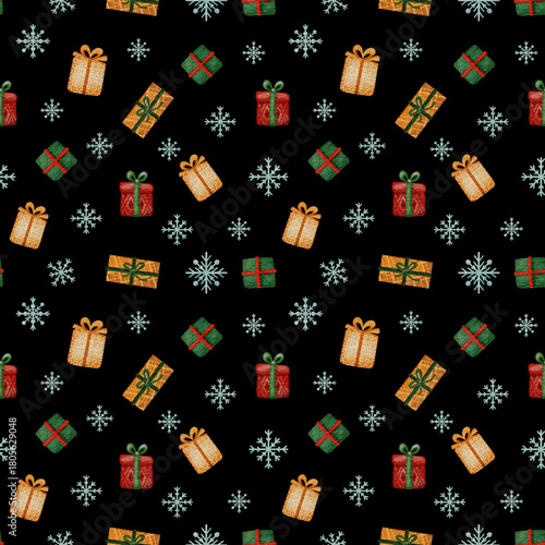 Seamless pattern with watercolor illustrations of gifts and snowflakes for Christmas and New Year. 
