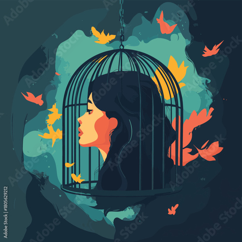 prison mindset, mental health illness concept, woman cage in crystal globe ball, mix feeling of fear, nervous, anxiety, sad. abstract vector art , vector style simple color