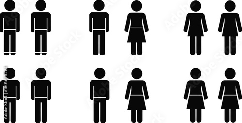 Silhouette icons of gender pair combinations, male and female figures, grouped in black, ideal for relationship, demographic, diversity, equality, social concept illustrations